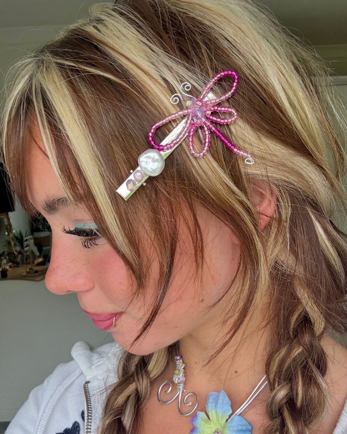 Pink dragonfly hair pin